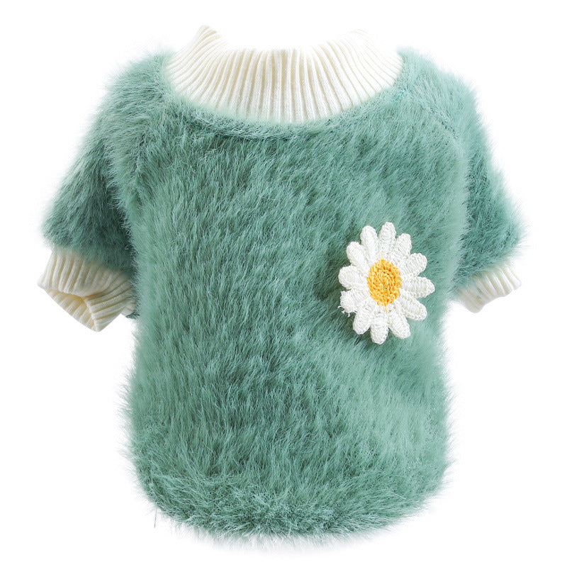 M Green Daisy Design Pet Turtleneck Pullover Clothes Winter Soft Plush Clothes for Cat Dog Puppy
