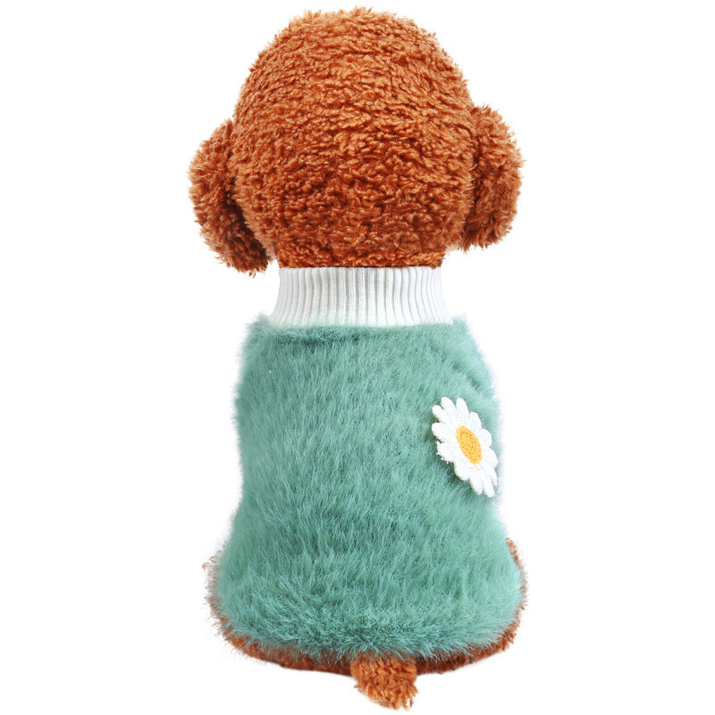 M Green Daisy Design Pet Turtleneck Pullover Clothes Winter Soft Plush Clothes for Cat Dog Puppy