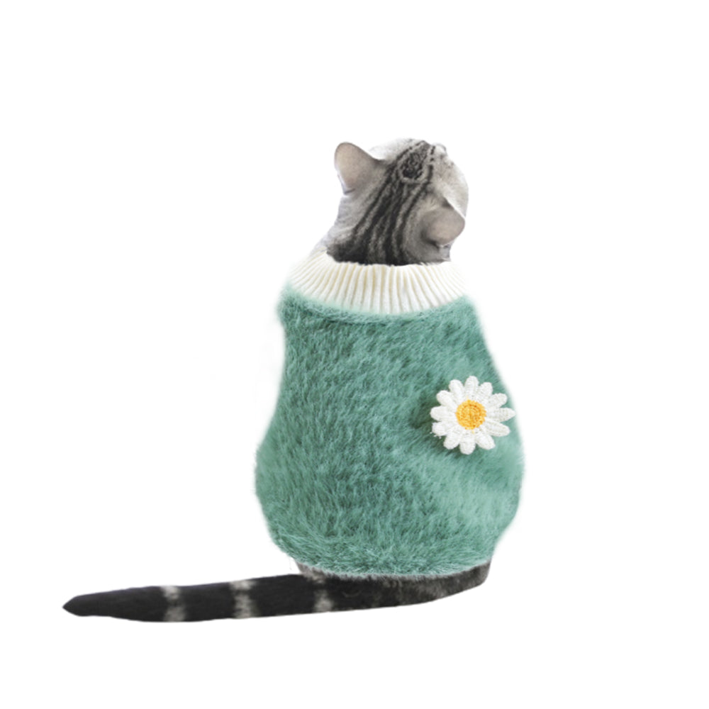 M Green Daisy Design Pet Turtleneck Pullover Clothes Winter Soft Plush Clothes for Cat Dog Puppy