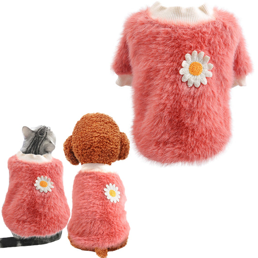 S Pink Daisy Design Pet Turtleneck Pullover Clothes Winter Soft Plush Clothes for Cat Dog Puppy