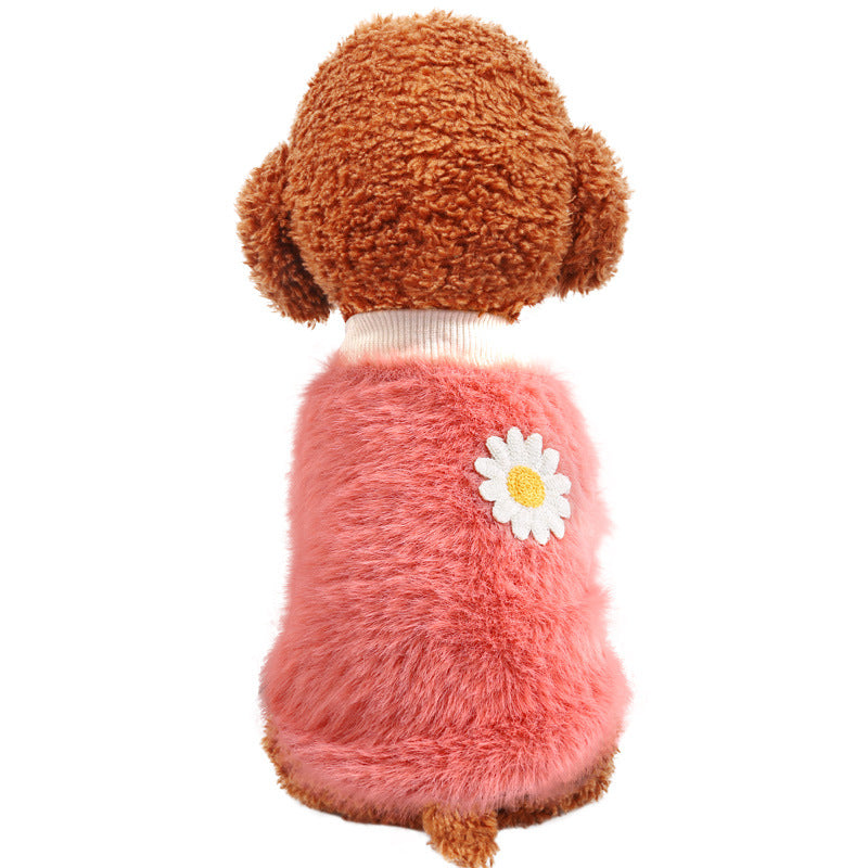 L Pink Daisy Design Pet Turtleneck Pullover Clothes Winter Soft Plush Clothes for Cat Dog Puppy
