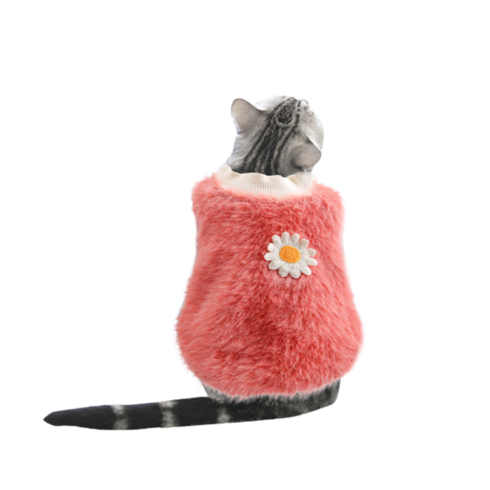 M Pink Daisy Design Pet Turtleneck Pullover Clothes Winter Soft Plush Clothes for Cat Dog Puppy