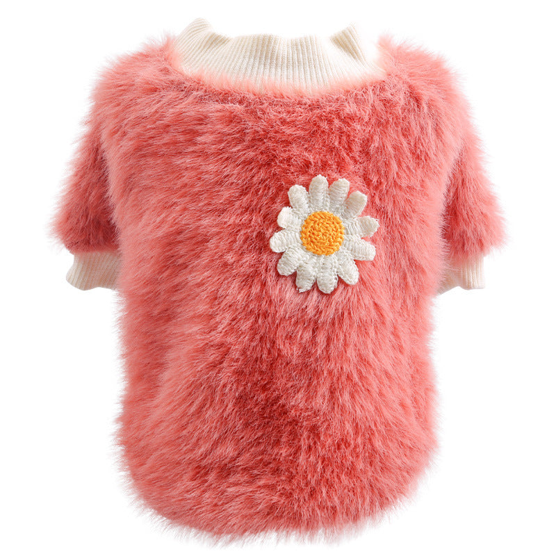 L Pink Daisy Design Pet Turtleneck Pullover Clothes Winter Soft Plush Clothes for Cat Dog Puppy