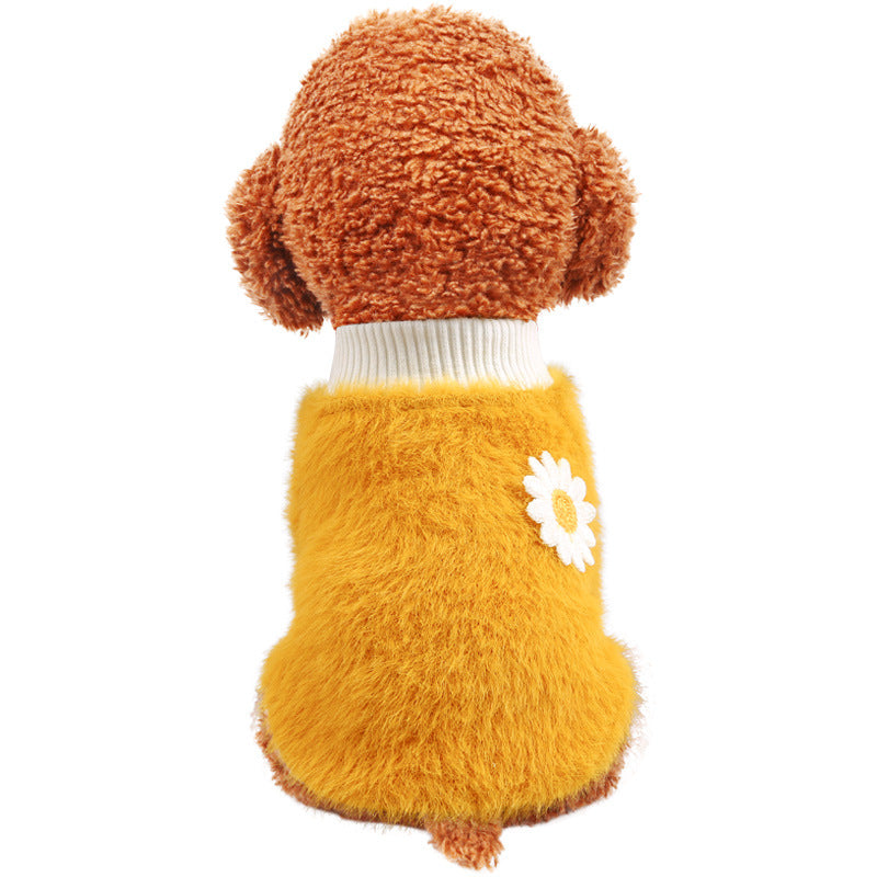 L Yellow Daisy Design Pet Turtleneck Pullover Clothes Winter Soft Plush Clothes for Cat Dog Puppy