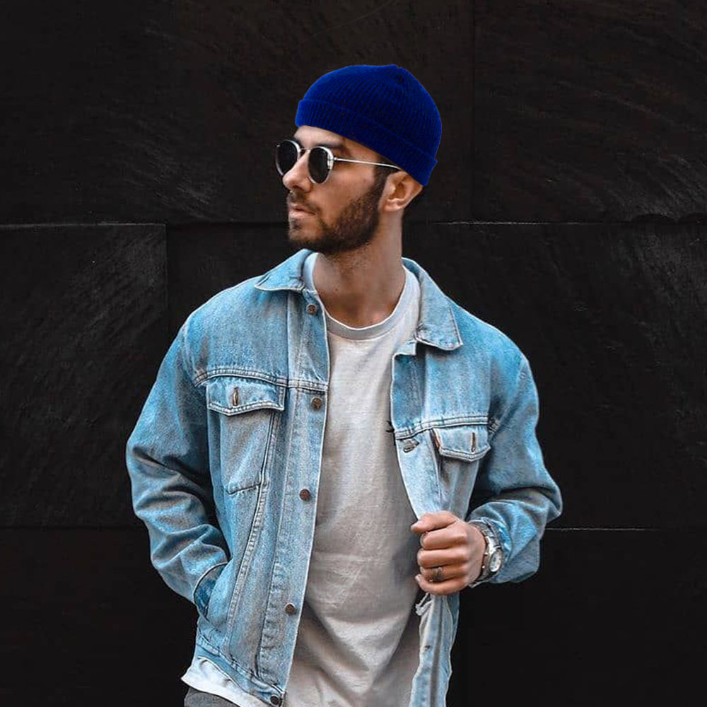 4 Pieces Royal Blue Navy Black Grey Unisex Beanie Roll up Edge Hat Skullcap Beanie Winter Warm Head Hat