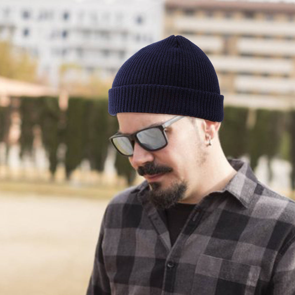 4 Pieces Royal Blue Navy Black Grey Unisex Beanie Roll up Edge Hat Skullcap Beanie Winter Warm Head Hat