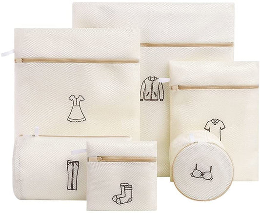 6Pcs Beige Laundry Bags Embroidery Pattern Washing Machine Travel Clother Bags