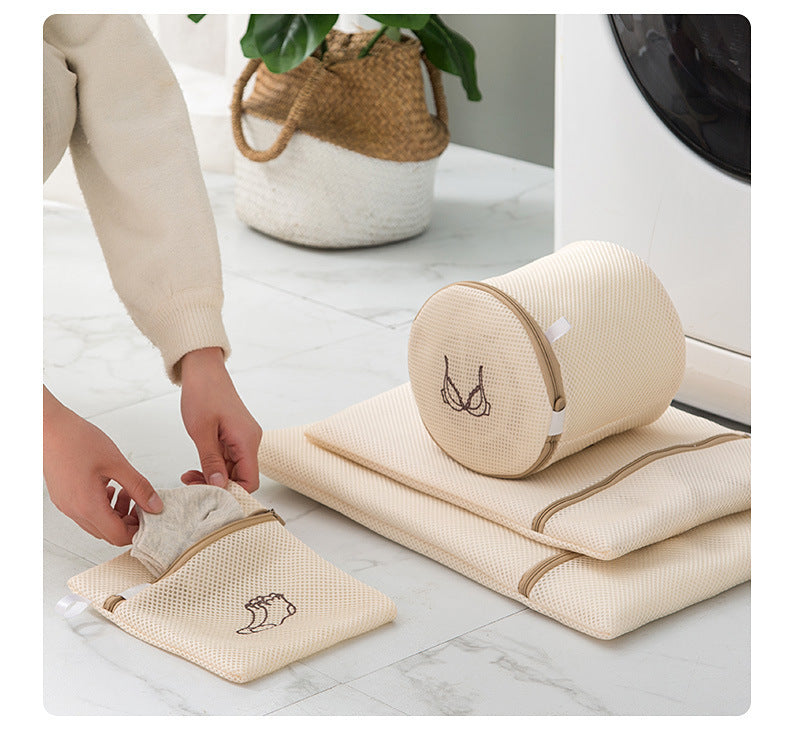 6Pcs Beige Laundry Bags Embroidery Pattern Washing Machine Travel Clother Bags