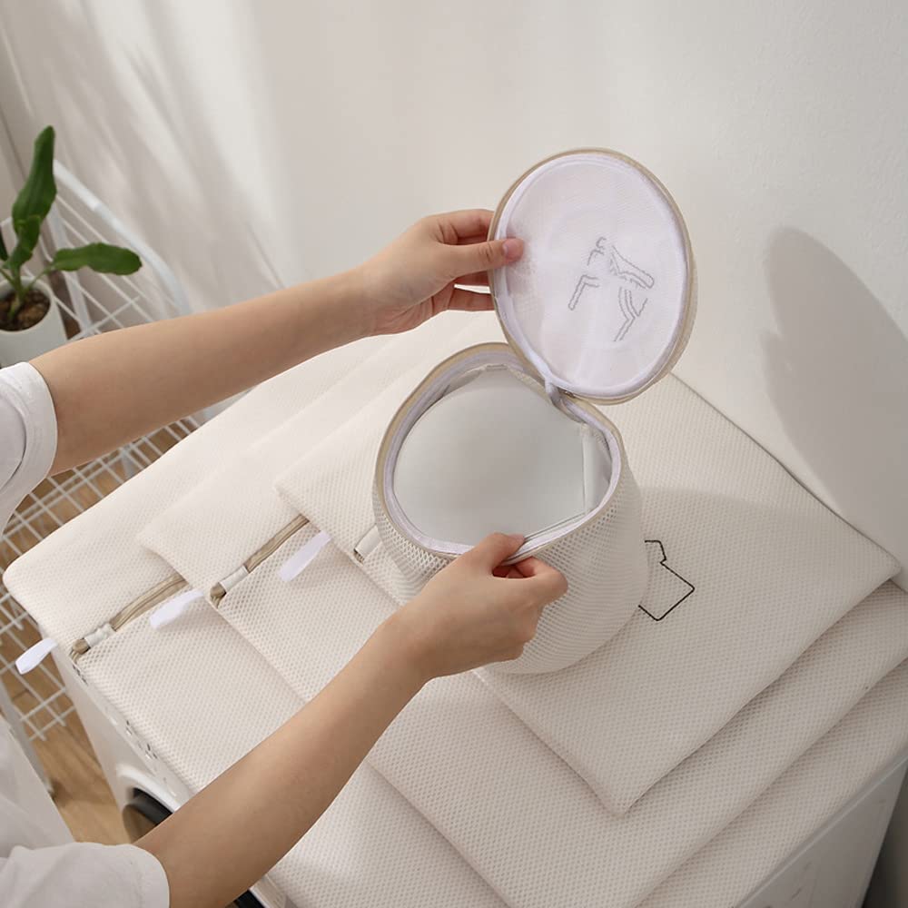 6Pcs Beige Laundry Bags Embroidery Pattern Washing Machine Travel Clother Bags