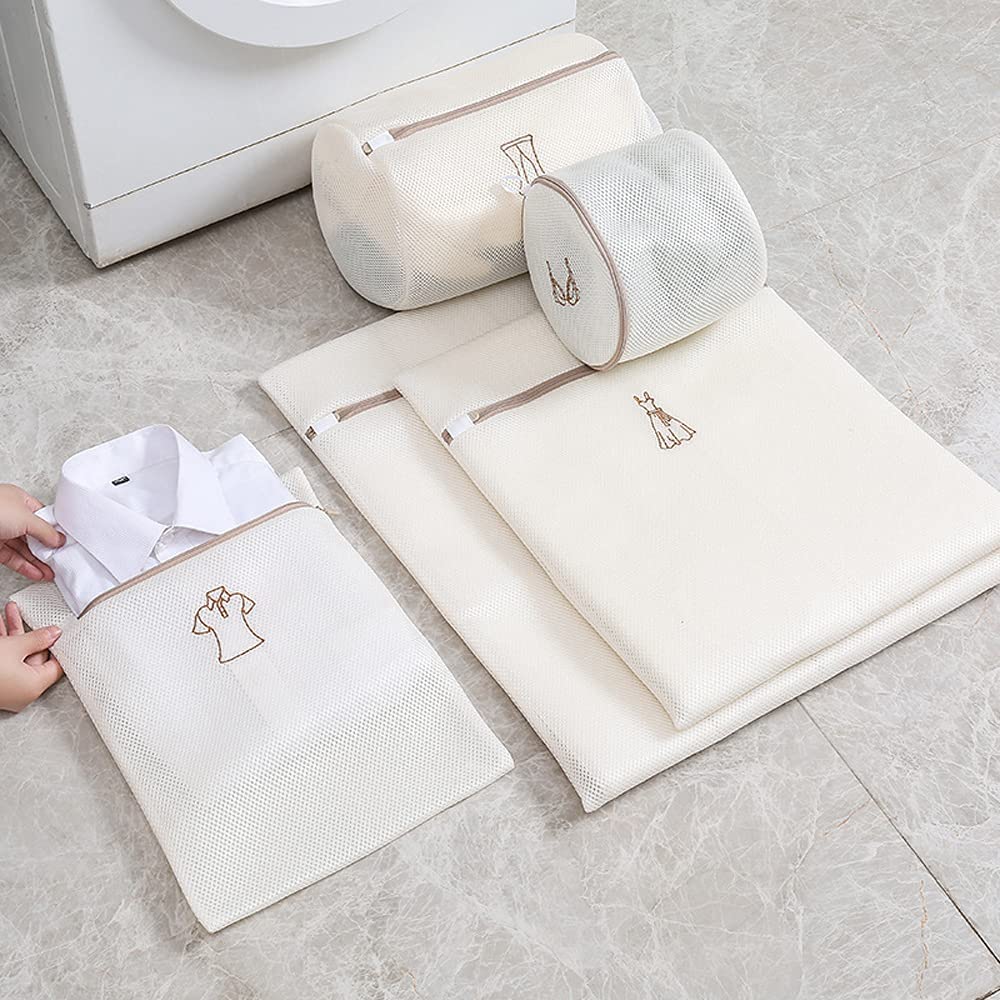 12Pcs Beige Laundry Bags Embroidery Pattern Washing Machine Travel Clother Bags