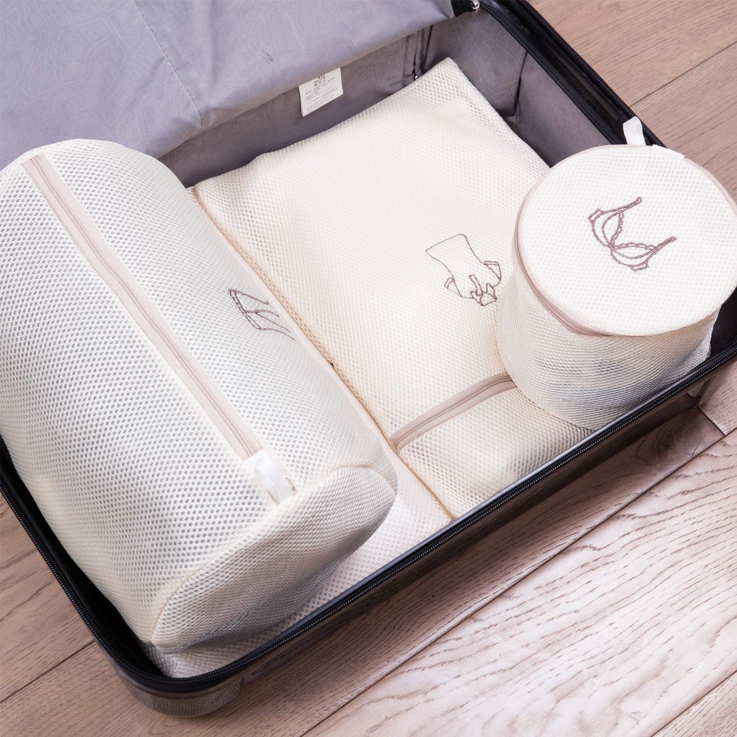 6Pcs Beige Laundry Bags Embroidery Pattern Washing Machine Travel Clother Bags