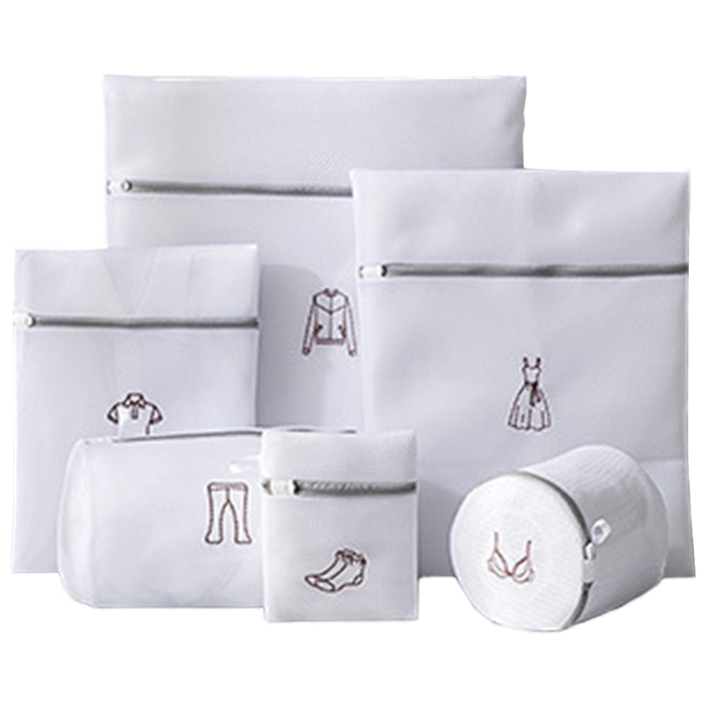 6Pcs White Laundry Bags Embroidery Pattern Washing Machine Travel Clother Bags