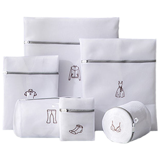 6Pcs White Laundry Bags Embroidery Pattern Washing Machine Travel Clother Bags