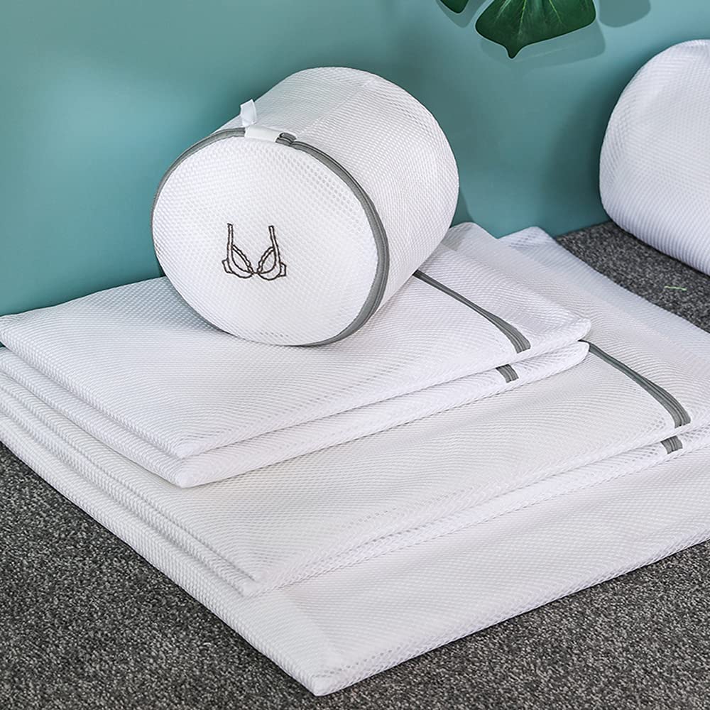 6Pcs White Laundry Bags Embroidery Pattern Washing Machine Travel Clother Bags