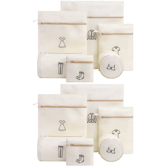 12Pcs Beige Laundry Bags Embroidery Pattern Washing Machine Travel Clother Bags