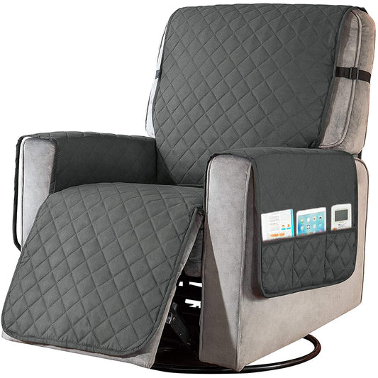 L Size Recliner Chair Cover Side Pocket Non Slip Strap Recliner Cover Recliner Slipcover Grey