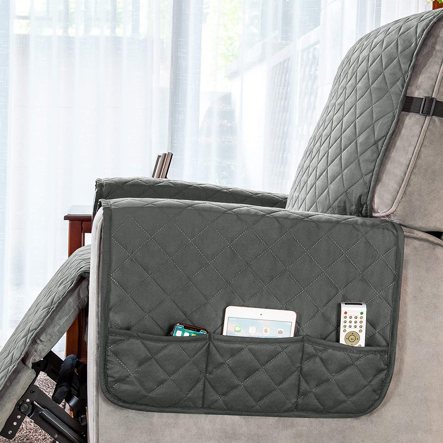 L Size Recliner Chair Cover Side Pocket Non Slip Strap Recliner Cover Recliner Slipcover Grey