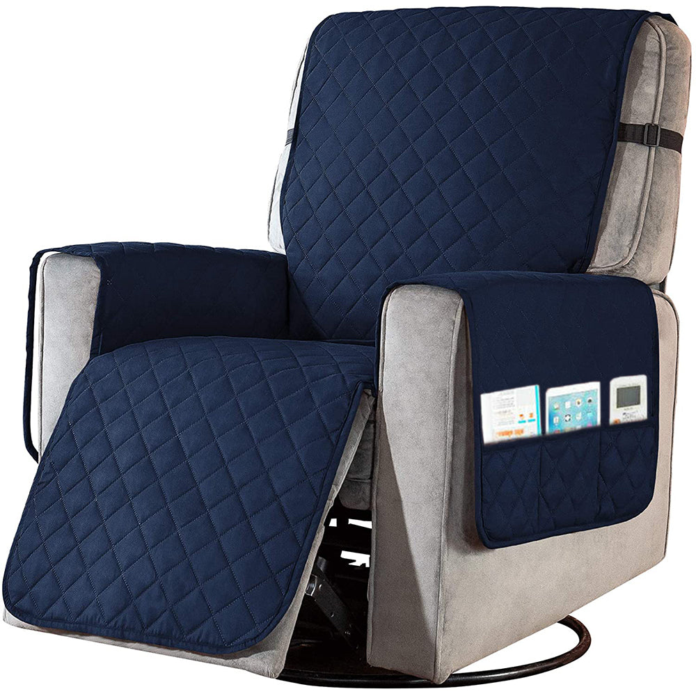 S Size Recliner Chair Cover Side Pocket Non Slip Strap Recliner Cover Recliner Slipcover Navy