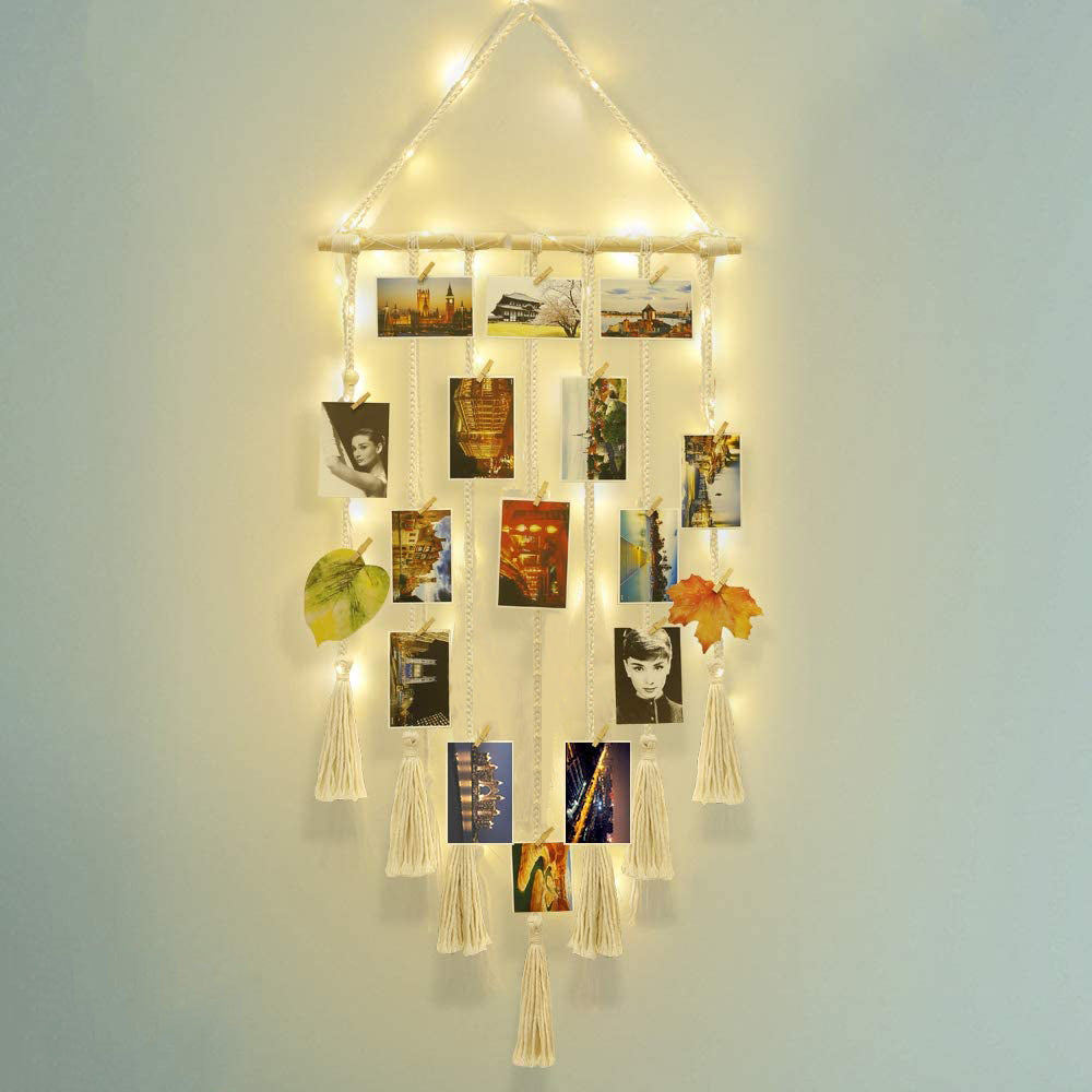 Boho Hanging Photo Display Wall Hanging Picture Collage Tapestry with Light Clip