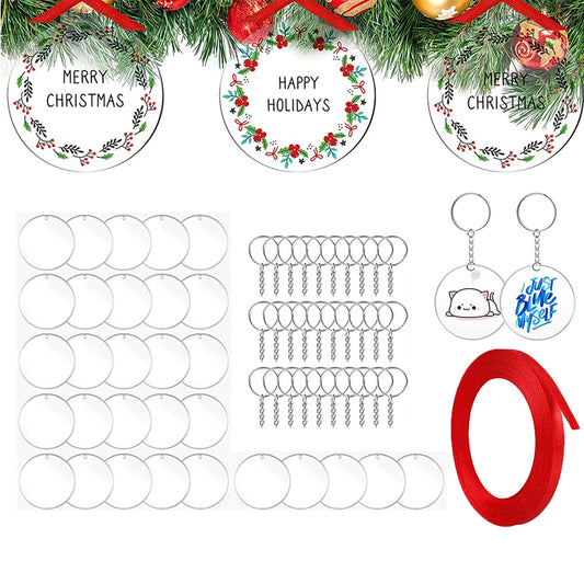 30Pcs Round Shape DIY Clear Acrylic Boards Christmas Keychains Xmas Signs Display