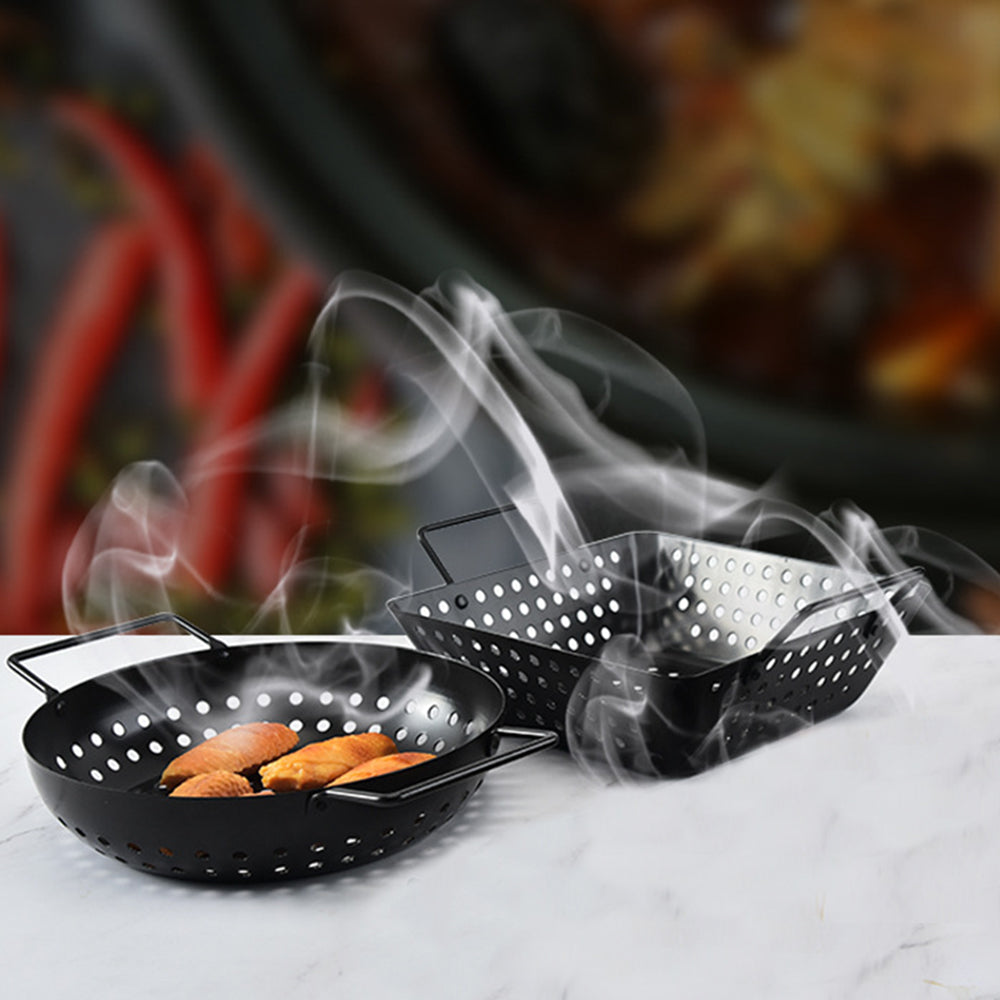 2 X Style 1 3 Non Stick Perforated Grill Basket with Handle BBQ Wok Food Holder
