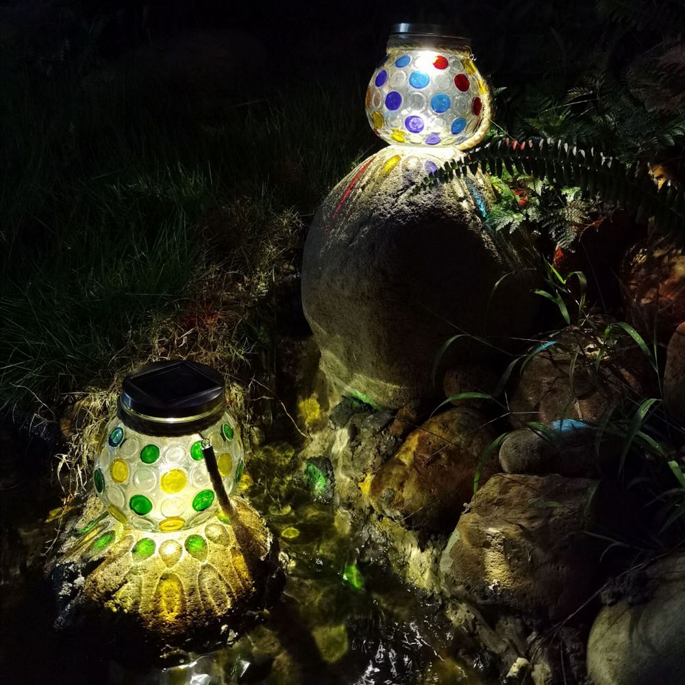 2 X Solar Stained Glass Mason Jar Lights Warm White Night Light