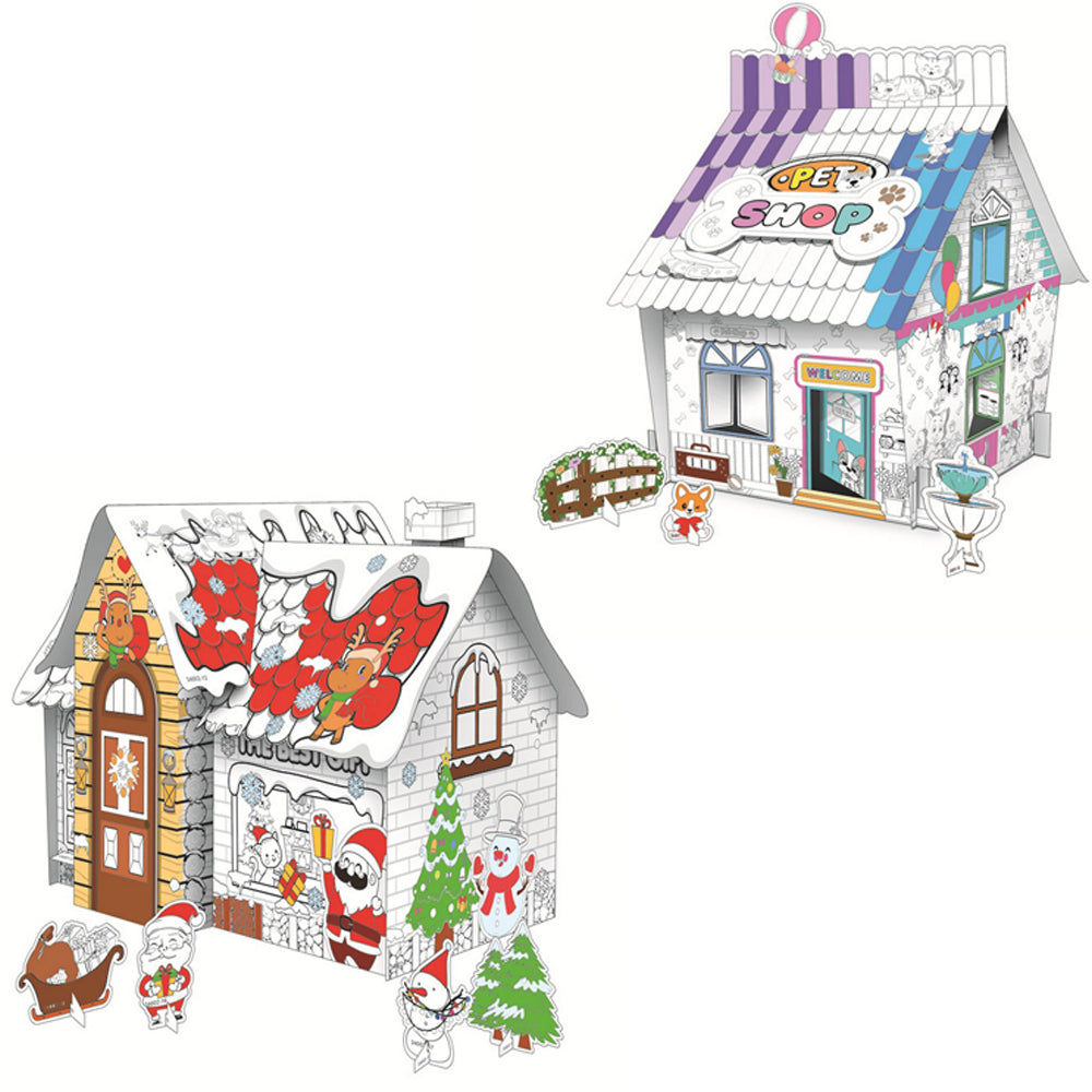 2 X Kids Pet Shop Christmas House DIY Doodle Cardboard Houses Art Craft Set