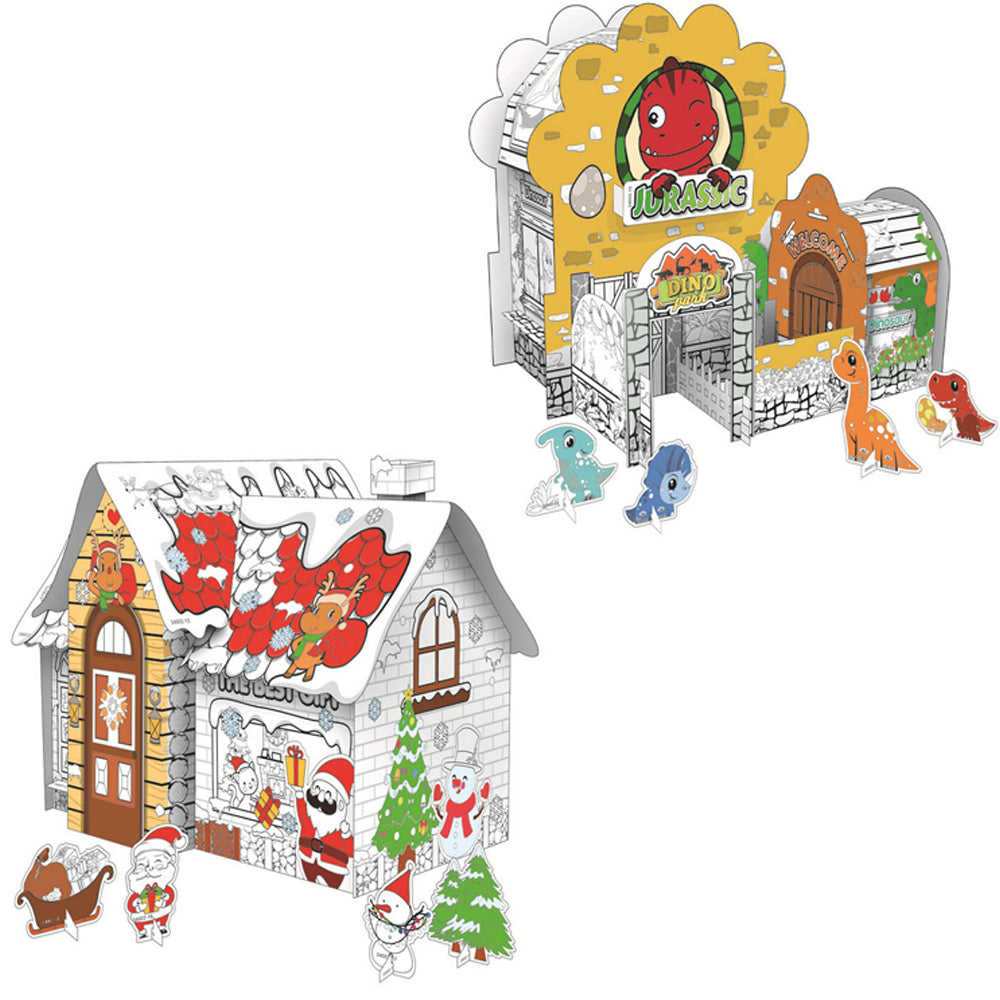 2 X Kids Dinosaur World Christmas House DIY Doodle Cardboard Houses Art Craft Set