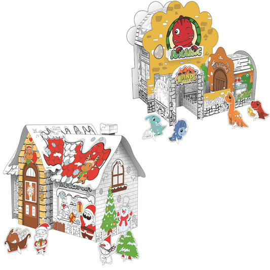 2 X Kids Dinosaur World Christmas House DIY Doodle Cardboard Houses Art Craft Set