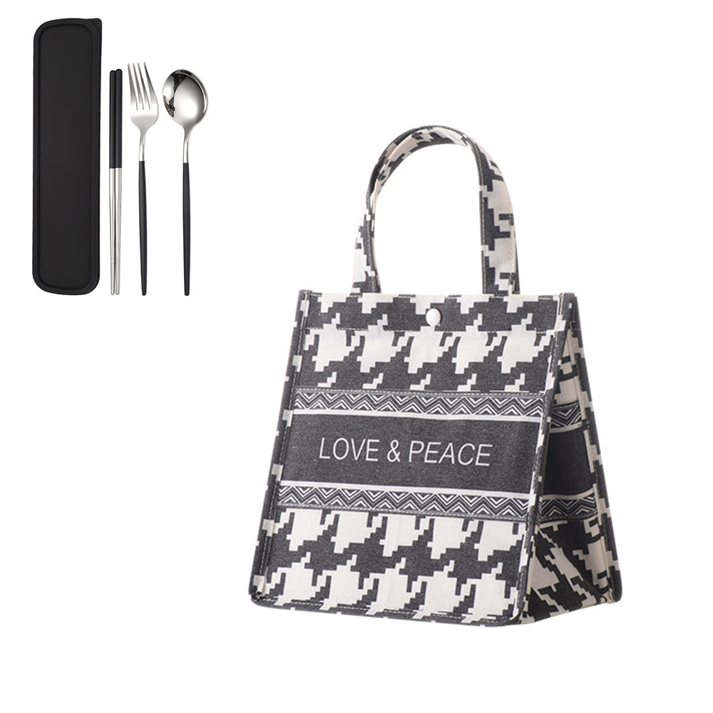 Black Small Lunch Bag Storage Bag Lunch Box Handbag with 3Pcs Cutlery Set
