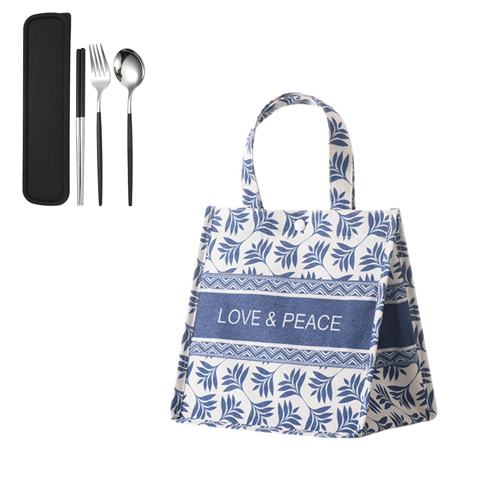 Blue Small Lunch Bag Storage Bag Lunch Box Handbag with 3Pcs Cutlery Set
