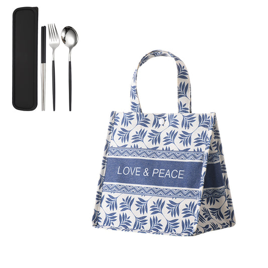 Blue Small Lunch Bag Storage Bag Lunch Box Handbag with 3Pcs Cutlery Set