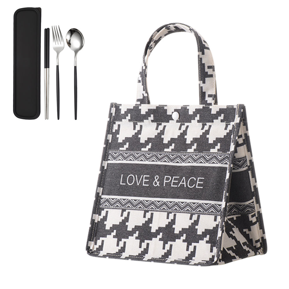 Blue Medium Lunch Bag Storage Bag Lunch Box Handbag with 3Pcs Cutlery Set