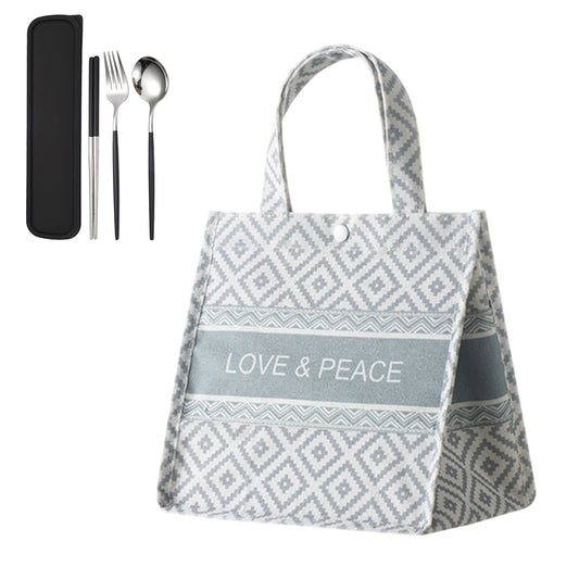 Grey Small Lunch Bag Storage Bag Lunch Box Handbag with 3Pcs Cutlery Set
