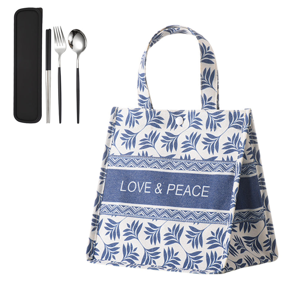 Grey Medium Lunch Bag Storage Bag Lunch Box Handbag with 3Pcs Cutlery Set