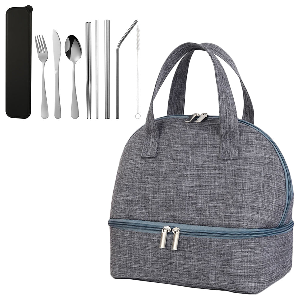Grey Double-layer Portable Lunch Bag Insulated Thermal Lunch Box Storage Bag with 8Pcs Cutlery Set