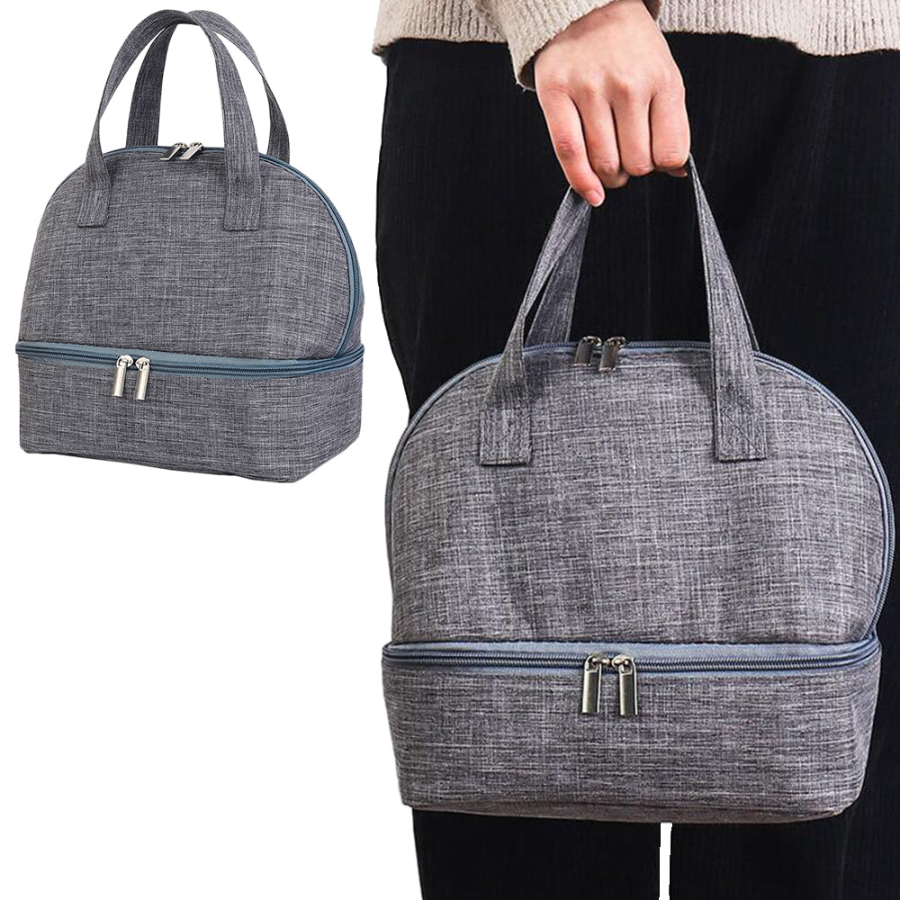 Grey Double-layer Portable Lunch Bag Insulated Thermal Lunch Box Storage Bag with 8Pcs Cutlery Set