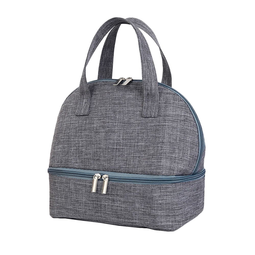 Grey Double-layer Portable Lunch Bag Insulated Thermal Lunch Box Storage Bag with 8Pcs Cutlery Set