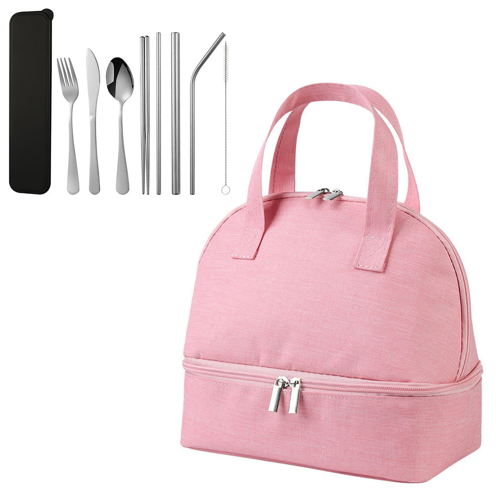 Pink Double-layer Portable Lunch Bag Insulated Thermal Lunch Box Storage Bag with 8Pcs Cutlery Set
