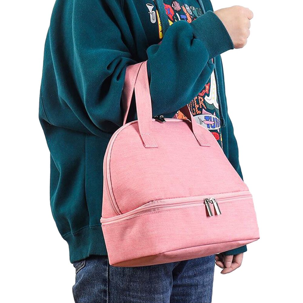 Pink Double-layer Portable Lunch Bag Insulated Thermal Lunch Box Storage Bag with 8Pcs Cutlery Set