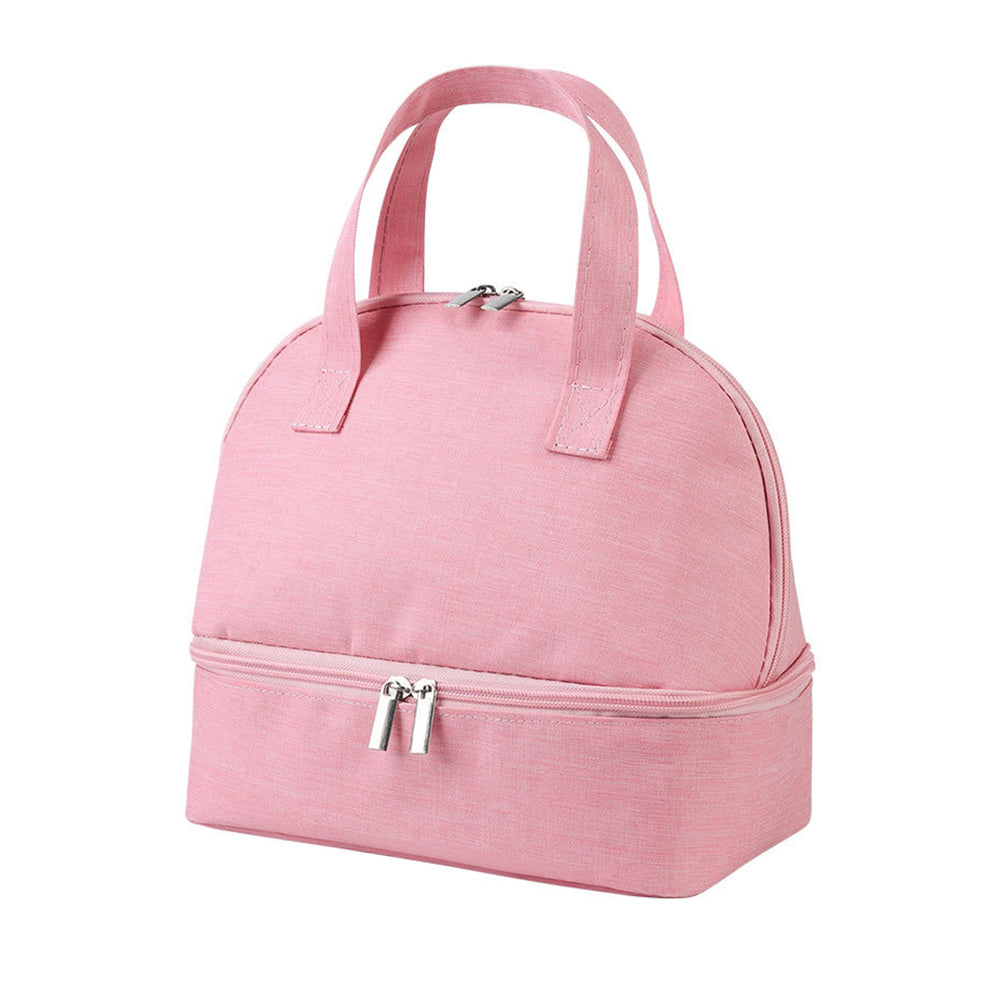 Pink Double-layer Portable Lunch Bag Insulated Thermal Lunch Box Storage Bag with 8Pcs Cutlery Set