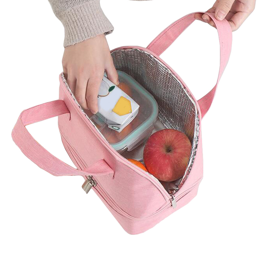 Pink Double-layer Portable Lunch Bag Insulated Thermal Lunch Box Storage Bag with 8Pcs Cutlery Set