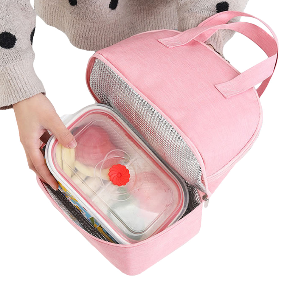 Pink Double-layer Portable Lunch Bag Insulated Thermal Lunch Box Storage Bag with 8Pcs Cutlery Set