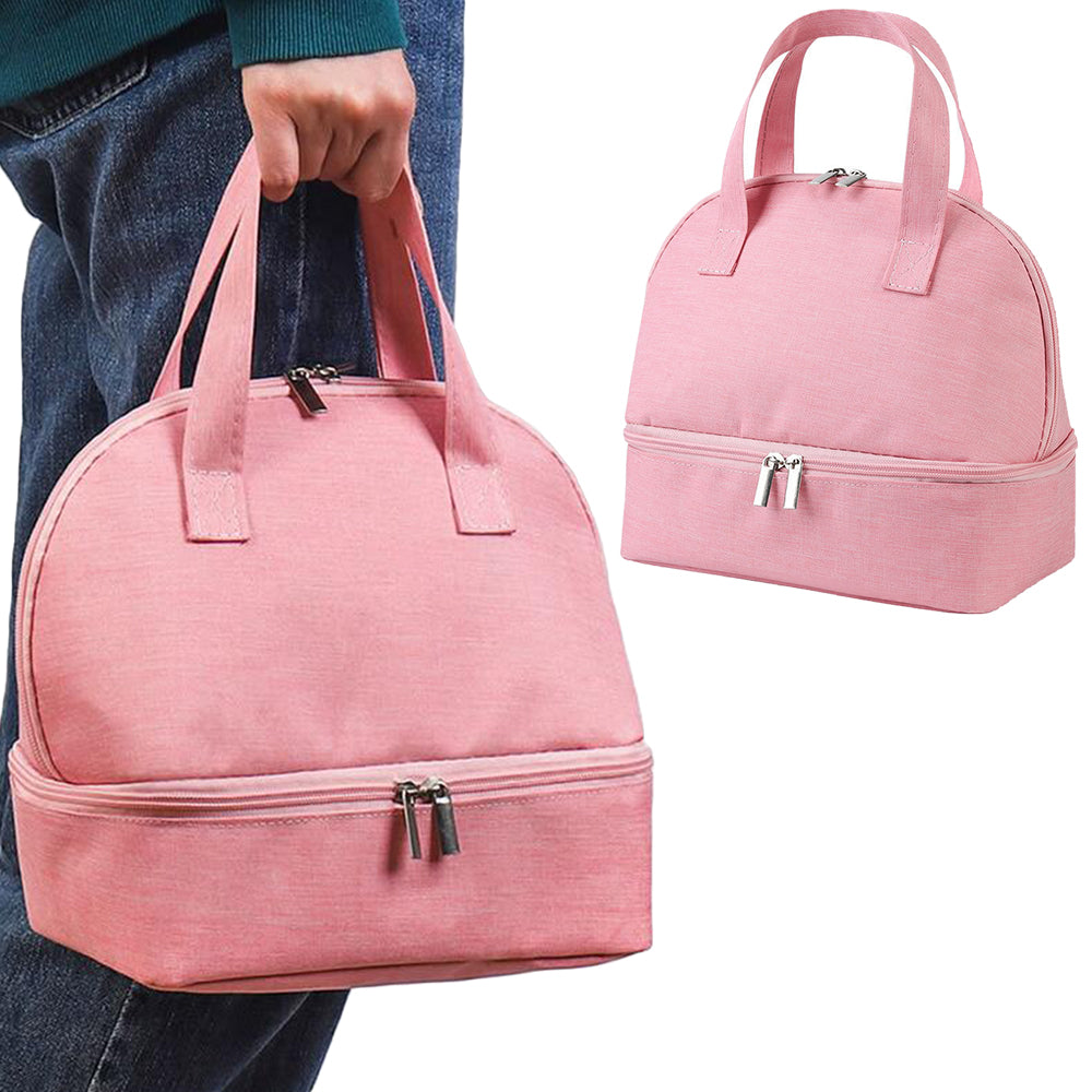 Pink Double-layer Portable Lunch Bag Insulated Thermal Lunch Box Storage Bag with 8Pcs Cutlery Set