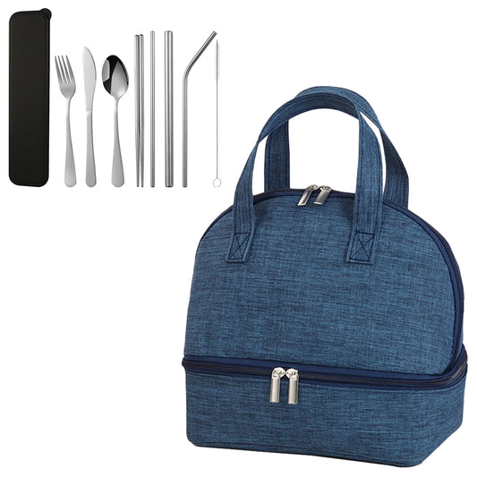 Navy Blue Double-layer Portable Lunch Bag Insulated Thermal Lunch Box Storage Bag with 8Pcs Cutlery Set