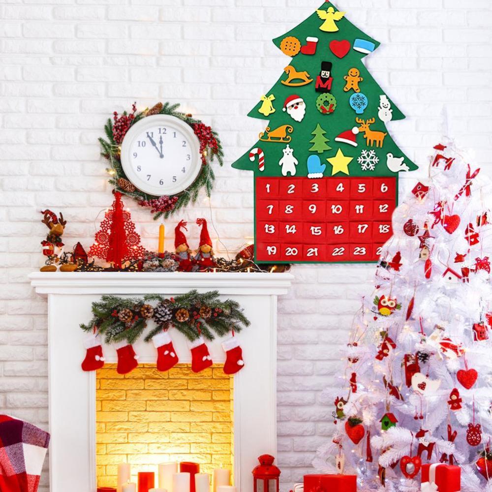 24Pockets DIY Felt Christmas Tree Advent Countdown Calendar Wall Hanging Decor