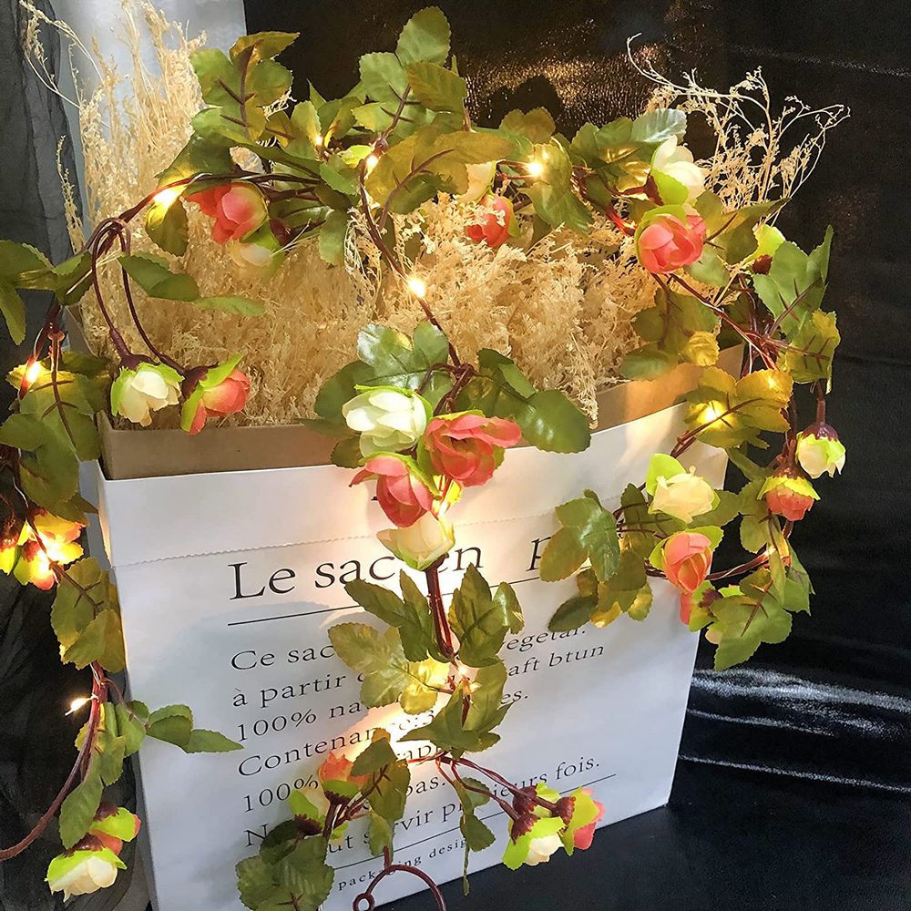 30LEDs Light Pink LED Artificial Blooming Rose Flower Vine Fairy String Light