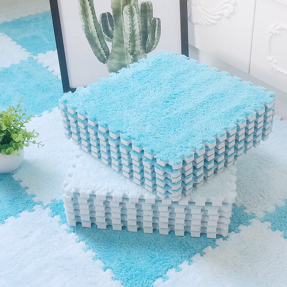 10Pcs Light Blue White Soft Plush EVA Foam Interlocking Floor Play Mats