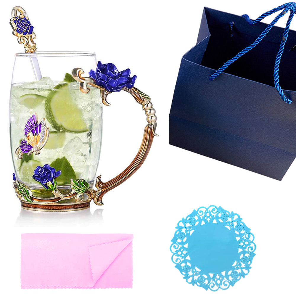 350ML Enamel Tea Cup Glass Coffee Mug with Spoon Coaster Box Blue