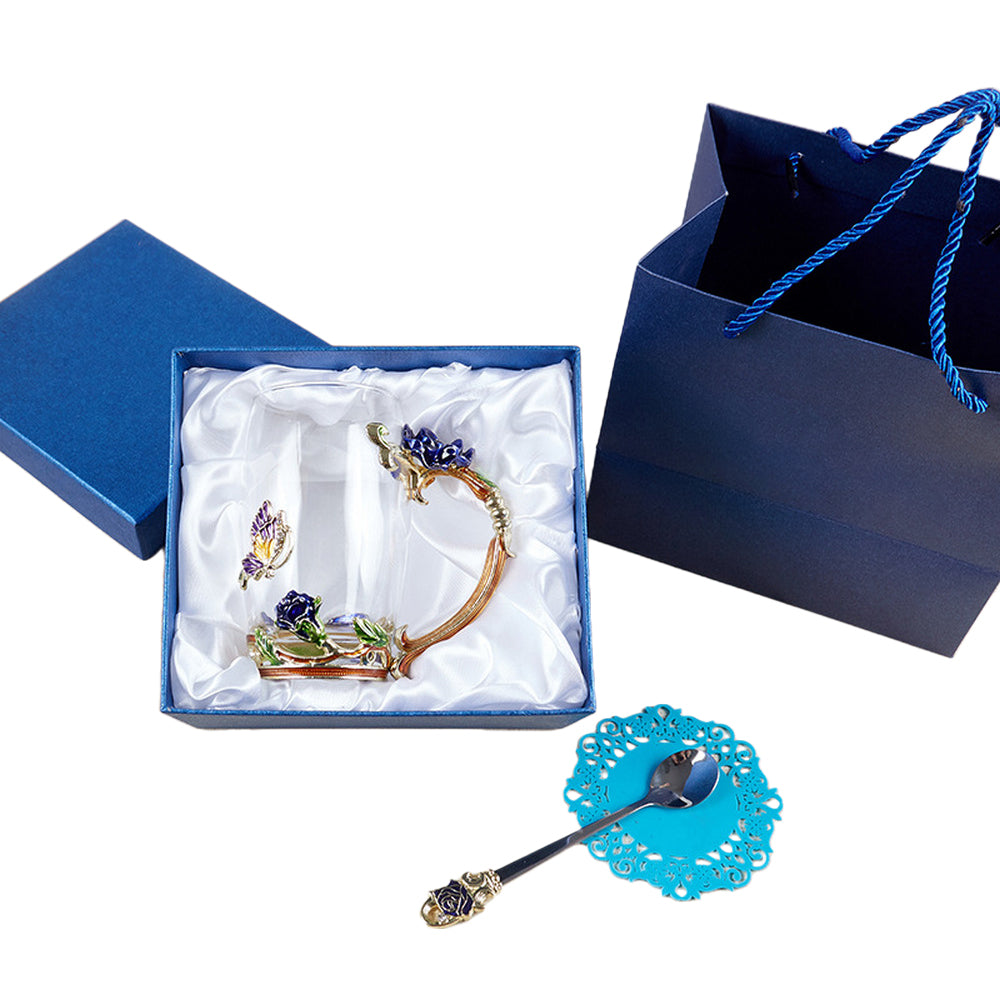 350ML Enamel Tea Cup Glass Coffee Mug with Spoon Coaster Box Blue